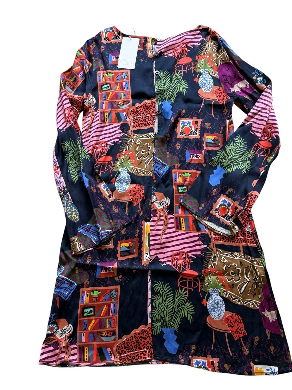FRNCH Paris Ayurveda Printed Mini Dress Art Gallery Long Sleeve Shift NWT M Boho - Picture 15 of 16